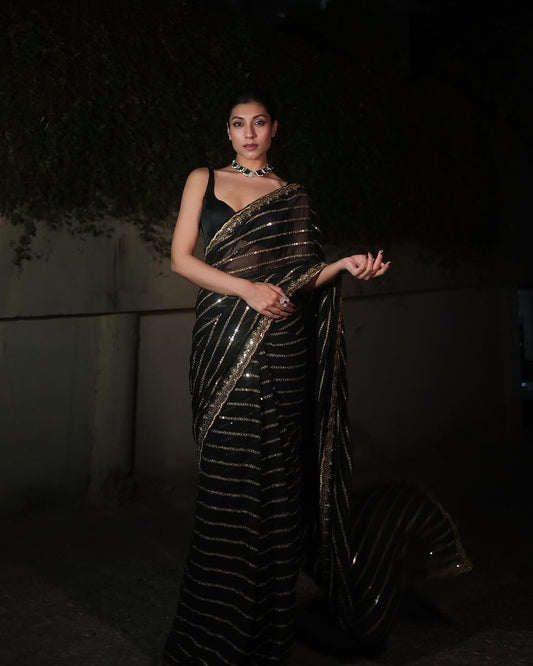 Outstanding  Sequence Embroidery Work Black Saree