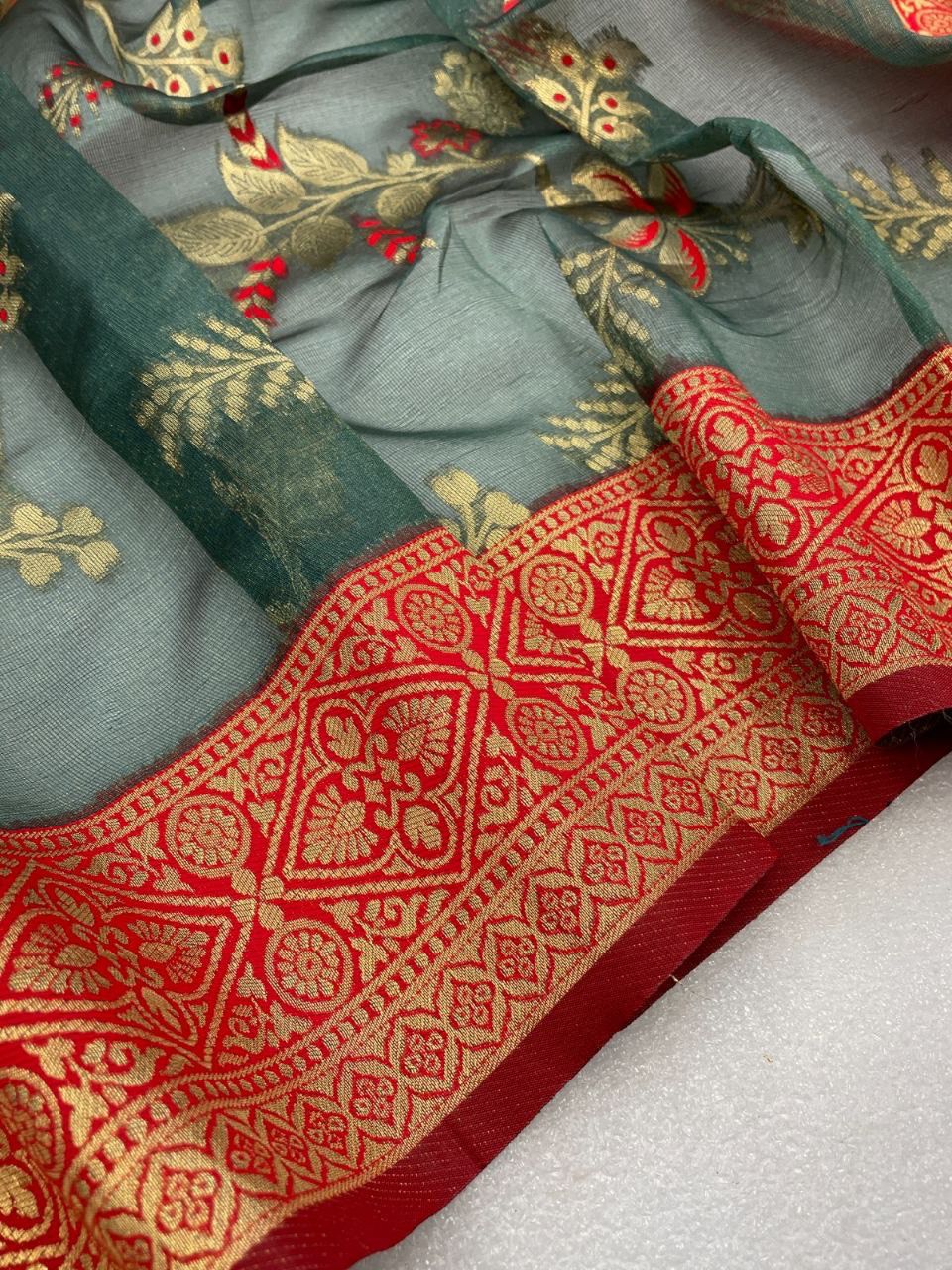 Handloom Green Silk Organza Saree with Golden Zari, Heavy Brocade Blouse, Festival Wear