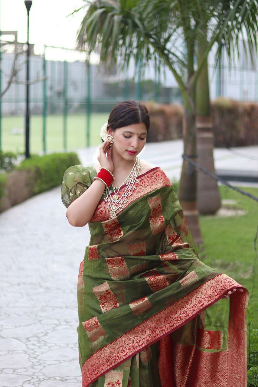 Handloom Green Silk Organza Saree with Golden Zari Heavy Brocade Blouse Festival Wear