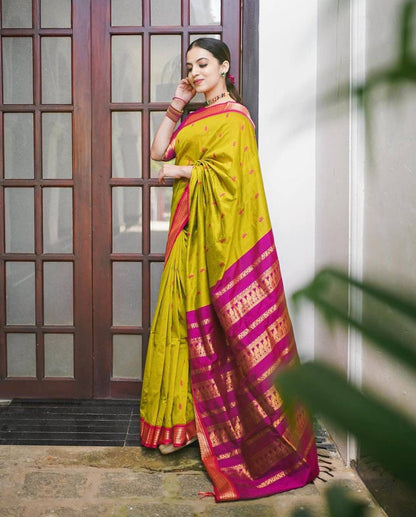 Handloom Yellow & Pink Semi-Silk Saree with Copper Zari Heavy Brocade Blouse Festival Wear