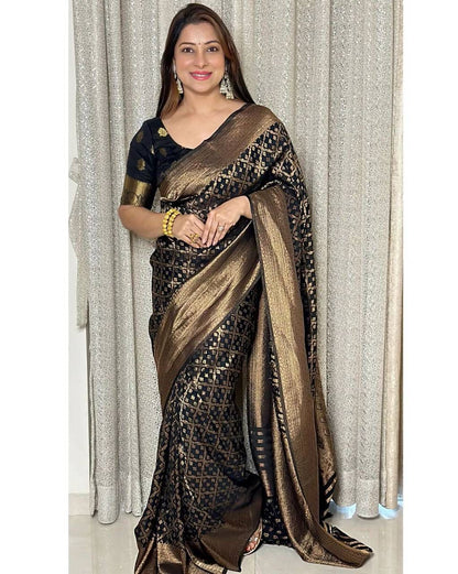 Captivating Black & Gold Saree Handcrafted Banarasi Rich Brocade Design Silk Saree with Golden Zari