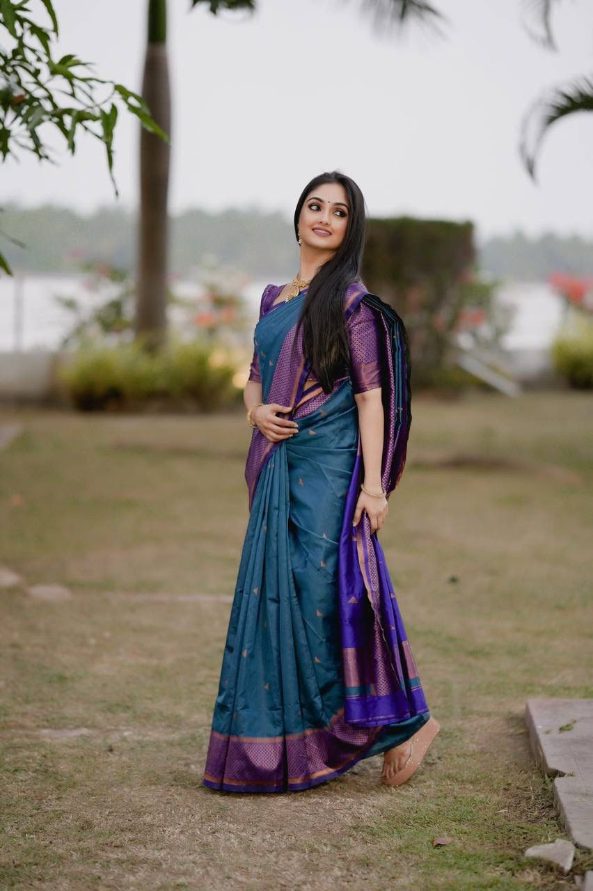 Elegant Semi-Silk Saree Rama & Royal Blue with Exquisite Copper Zari & Brocade Blouse