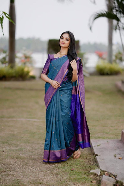 Elegant Semi-Silk Saree Rama & Royal Blue with Exquisite Copper Zari & Brocade Blouse