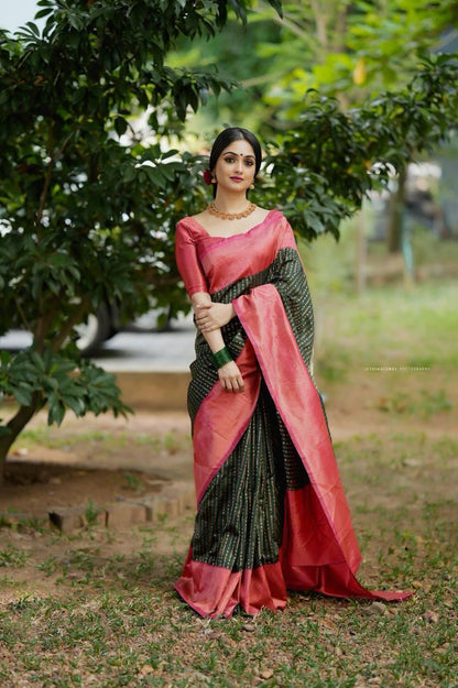 Handloom Pure Banarasi Maroon & Dark Green Saree with Copper Zari Heavy Brocade Blouse Festival Wear