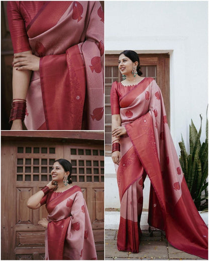 Handloom Pure Banarasi Maroon Saree with Copper & Silver Zari Heavy Brocade Blouse & Border Wedding Wear
