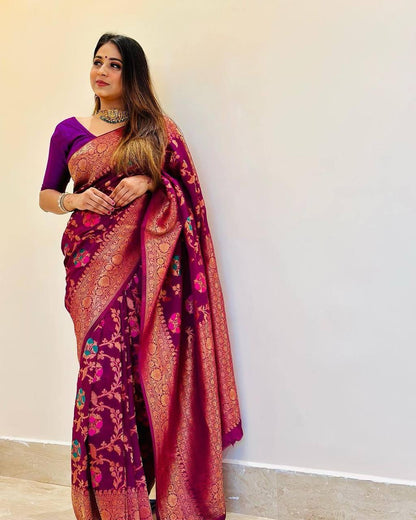 Amethyst Dream Pure Banarasi with Copper Zari Soft Silk & Luxurious Brocade Blouse & Border