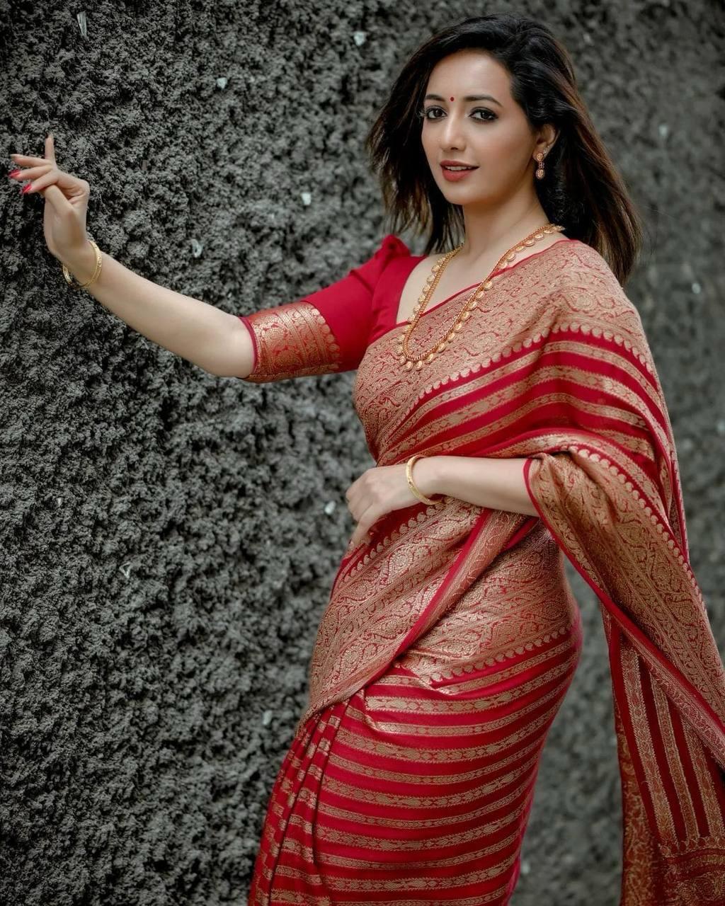 Red Pure Semi Silk Saree Woven with Copper Zari Comes with Attached Blouse