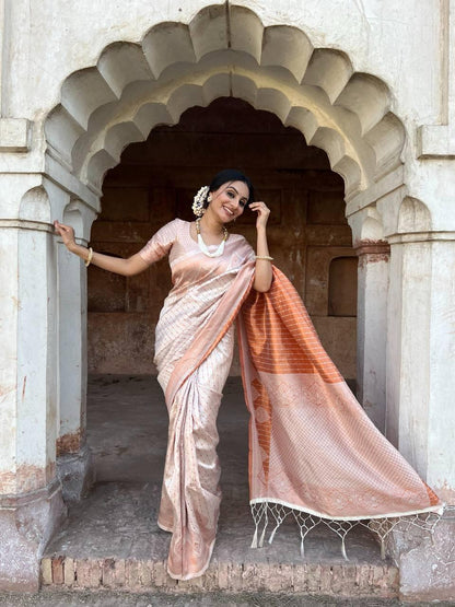 Elegant Banarasi Silk Saree Cream with Exquisite Copper Zari & Brocade Blouse
