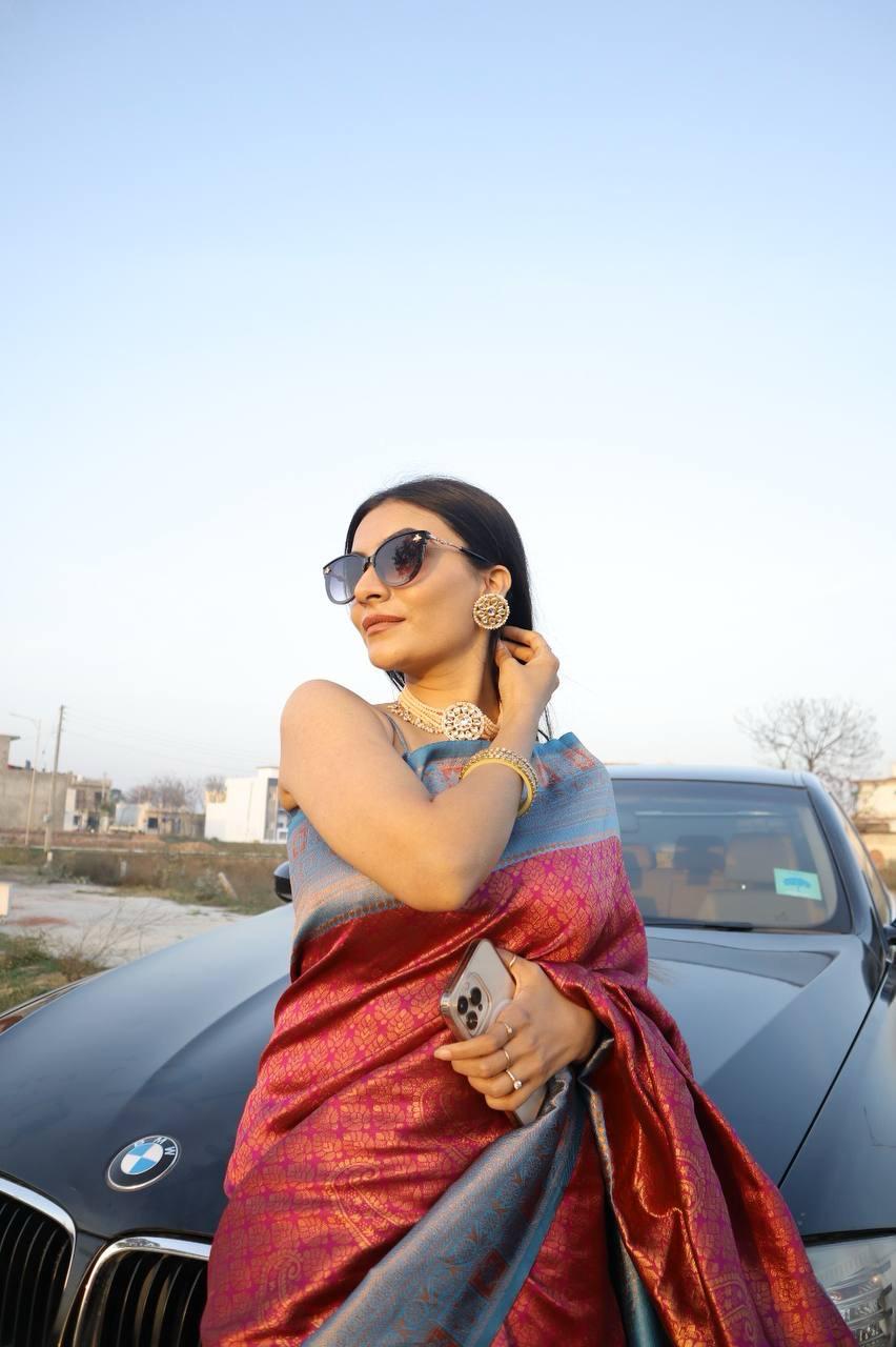 Handloom Pure Banarasi Megenta Firozi  Saree with Copper Zari Heavy Brocade Blouse Festival Wear