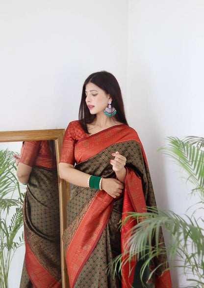Captivating Dark Green & Red Copper Zari Saree Handcrafted Banarasi Rich Brocade Detailing