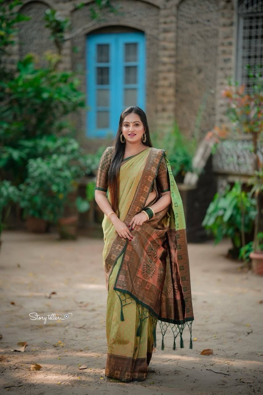 Pure Banarasi Copper Zari Weaving Stunning Light Green Colour Saree Comes With Heavy Brocade Blouse