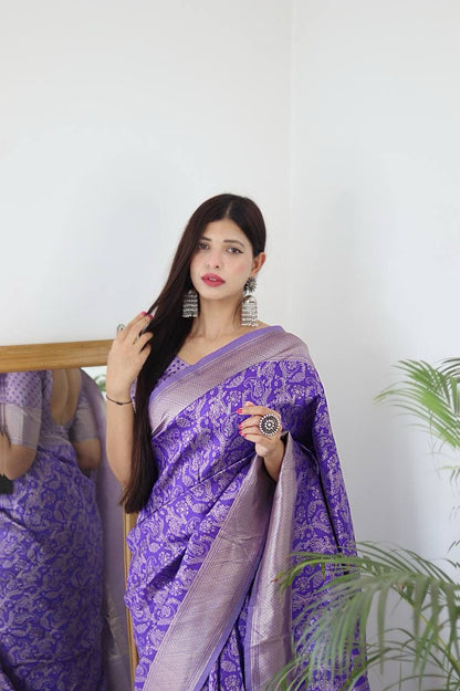 Pure Banarasi Copper Zari Weaving Stunning Lavender Colour Saree Comes With Heavy Brocade Blouse