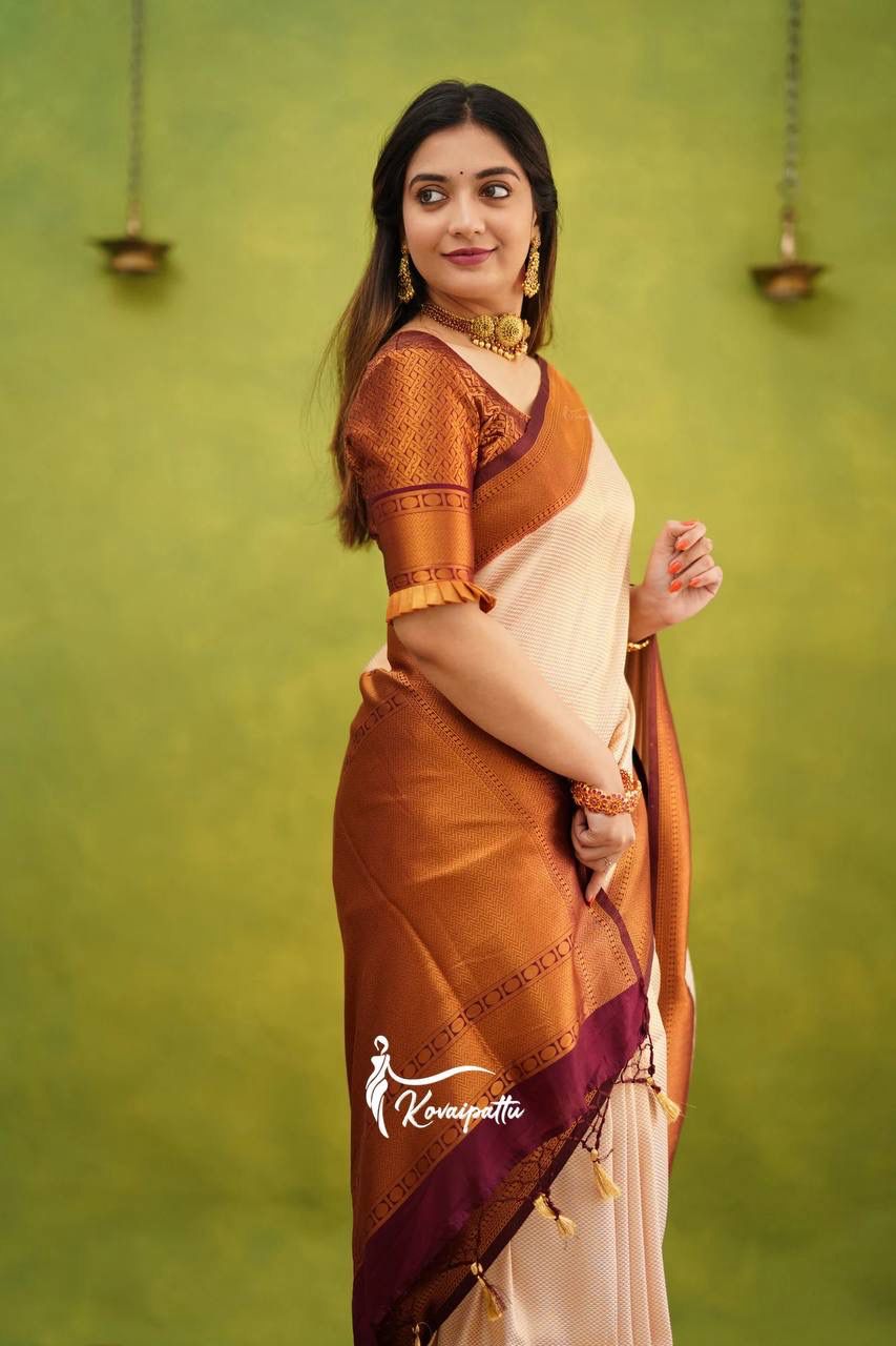 Elegant Cream & Maroon Pure Silk Saree with Flowing Blouse Perfect for Weddings