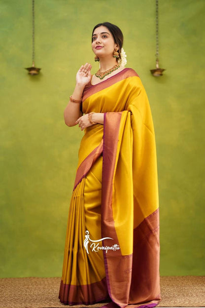 Captivating Yellow & Pink Pure Silk Saree with Unique Flowing Blouse