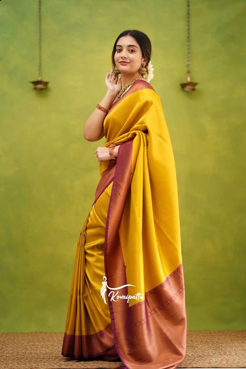 Captivating Yellow & Pink Pure Silk Saree with Unique Flowing Blouse
