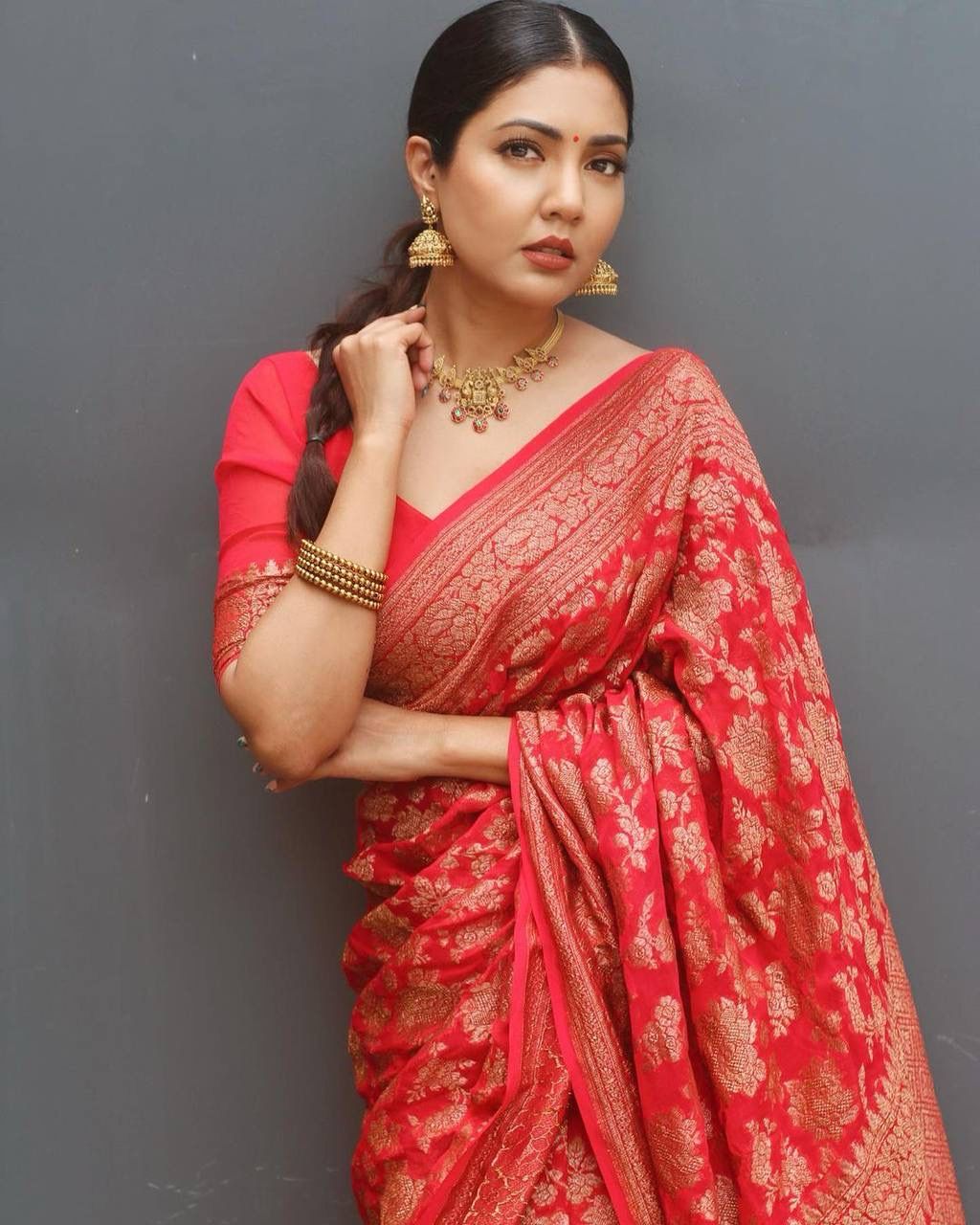 Elegant Red Banarasi Soft Silk Saree with Soft Drape Exquisite Copper Zari Work