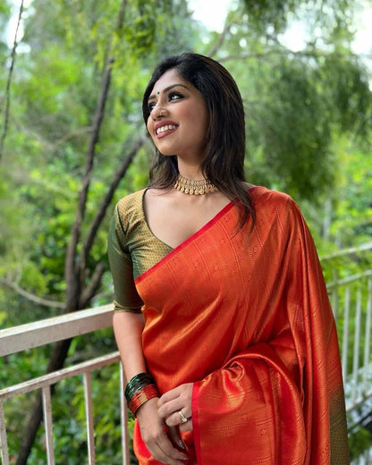 Elegant Banarasi Silk Saree Orange & Dark Green with Exquisite Blouse