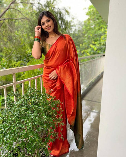 Elegant Banarasi Silk Saree Orange & Dark Green with Exquisite Blouse