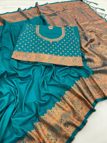 Pure Banarasi Copper Zari Weaving Colour Saree With Heavy Brocade Blouse