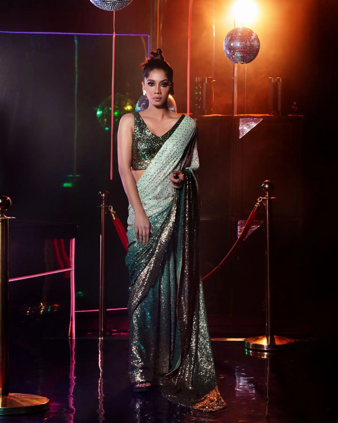 Double Tone Sequence Work Green Color Saree