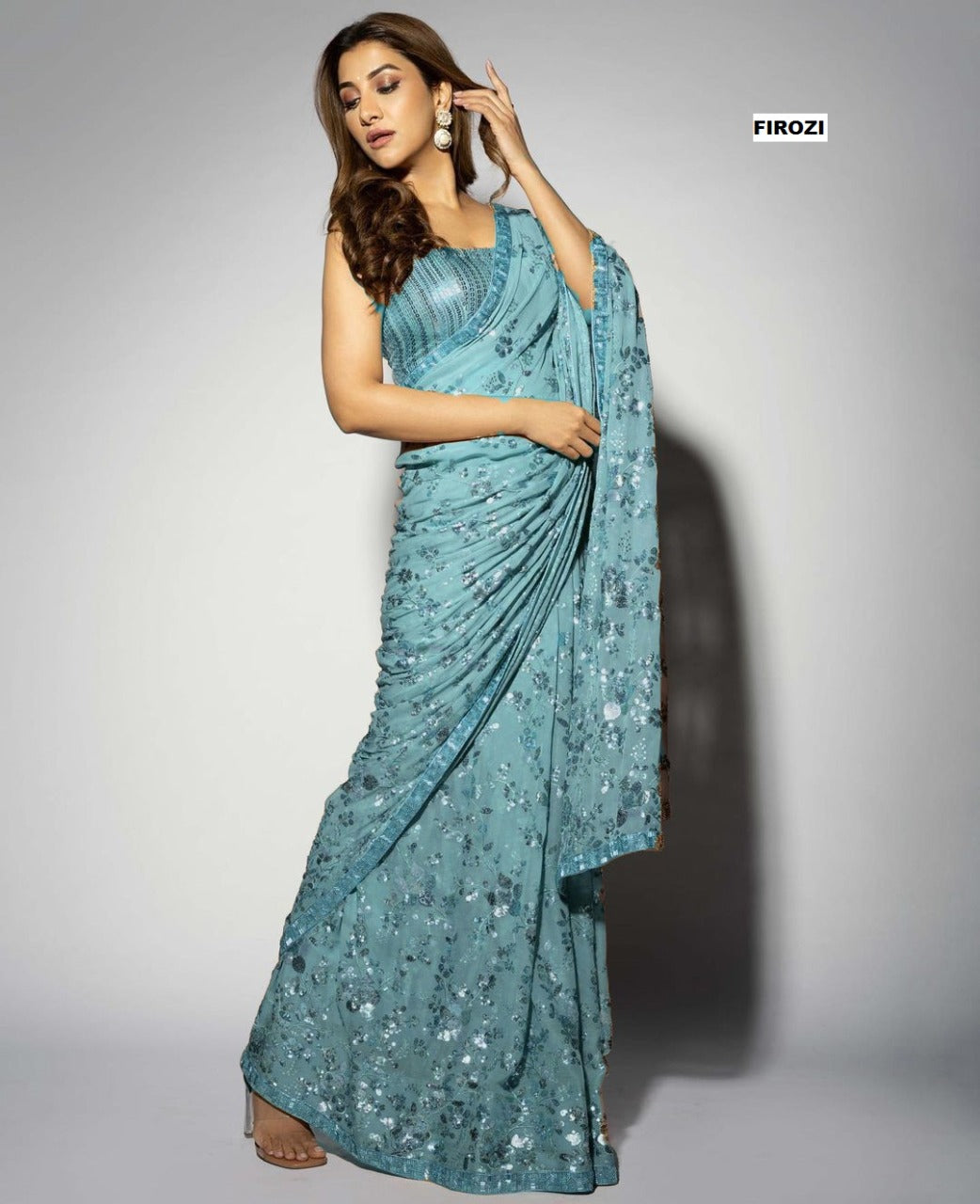 Sky Blue Color Party Wear Sequence Work Saree