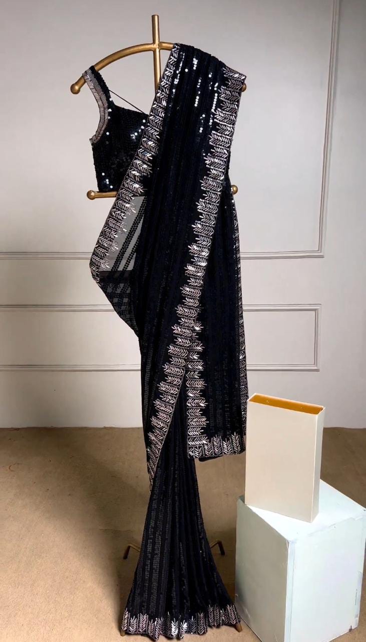 Black Color  Sequins Work Designed Saree