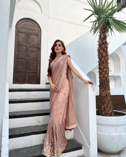 Embellished Sequence Work Peach Color Saree