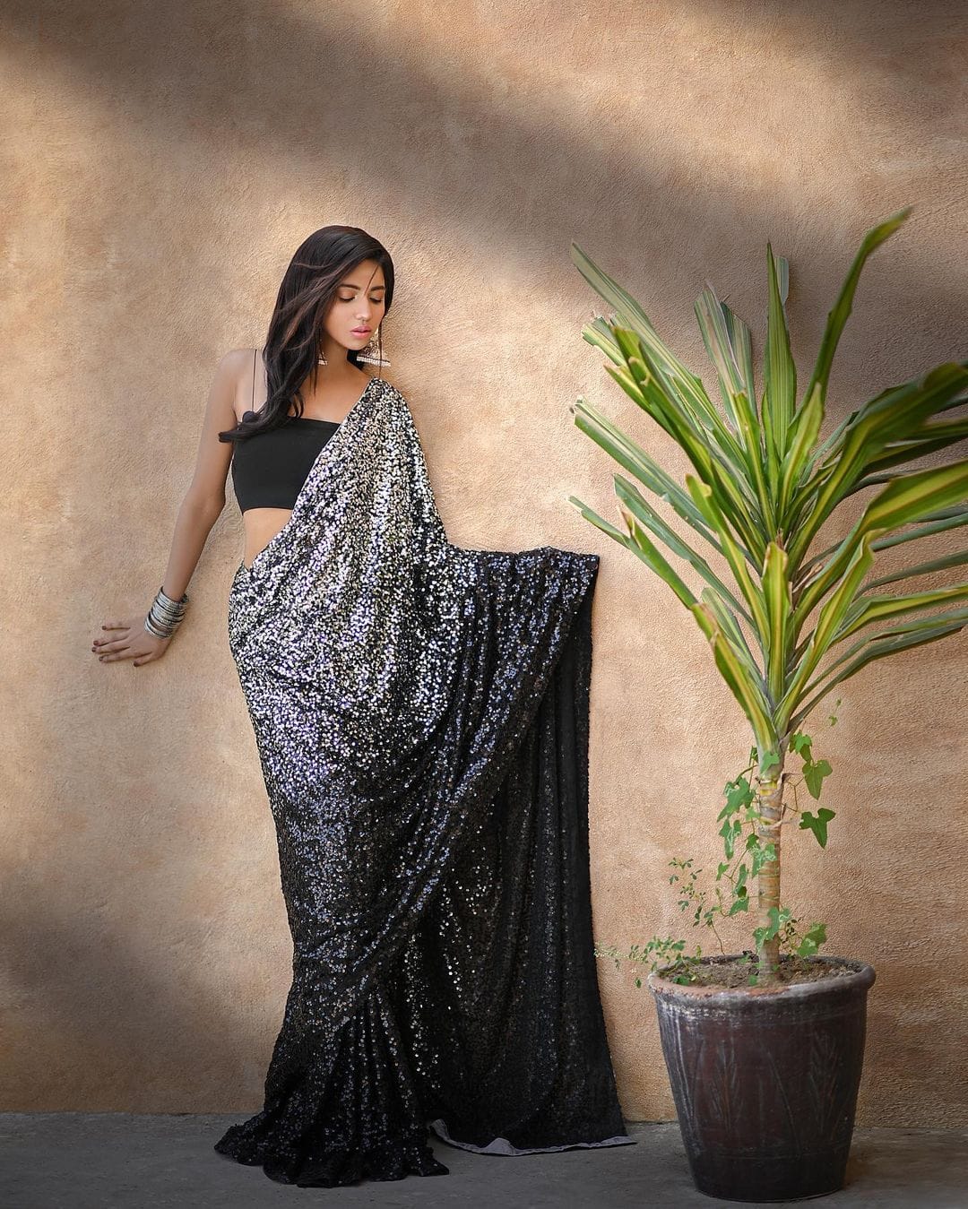Glimmering Black And Silver Sequence Work Saree