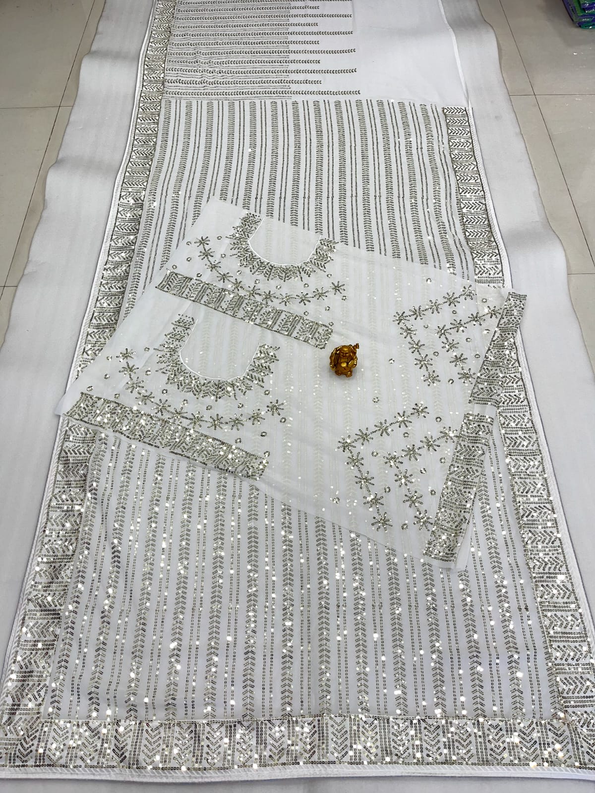 Dazzling White Color Sequence Embroidery Work Saree