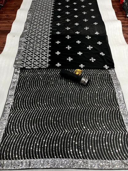 Silver Sequence Work Dazzling Black Color Saree