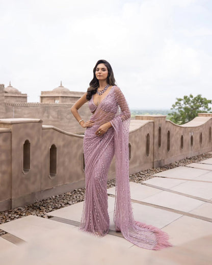 Beautiful  Baby Pink Mono Net Sequins Embroidery work Saree