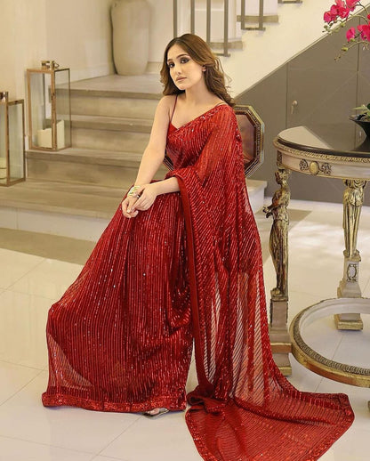 Luxuriant Red Color Georgette Sequins Embroidery Work Saree